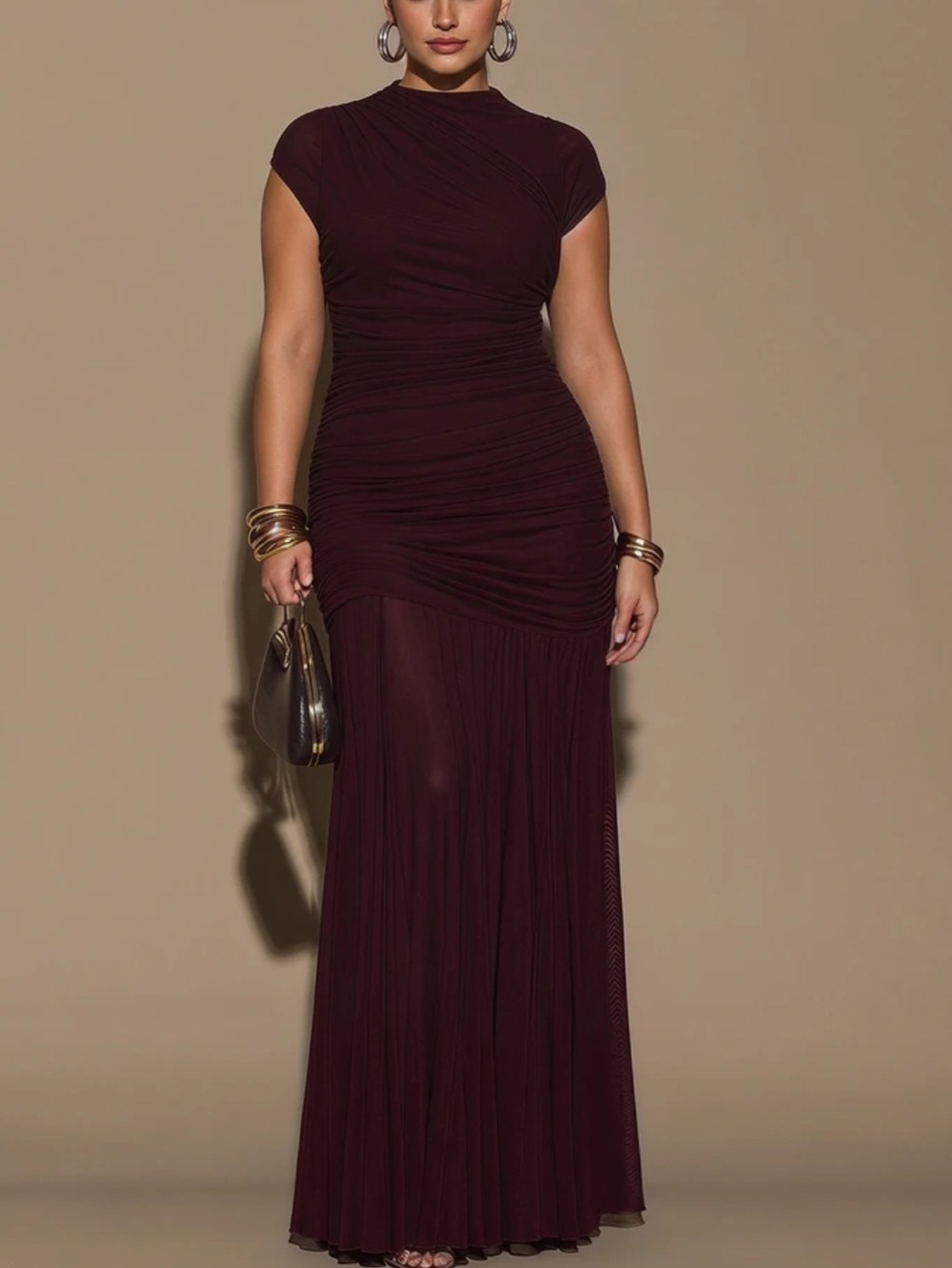 Elegant Burgundy Ruched Sheer Maxi Dress - Picture 2 of 6